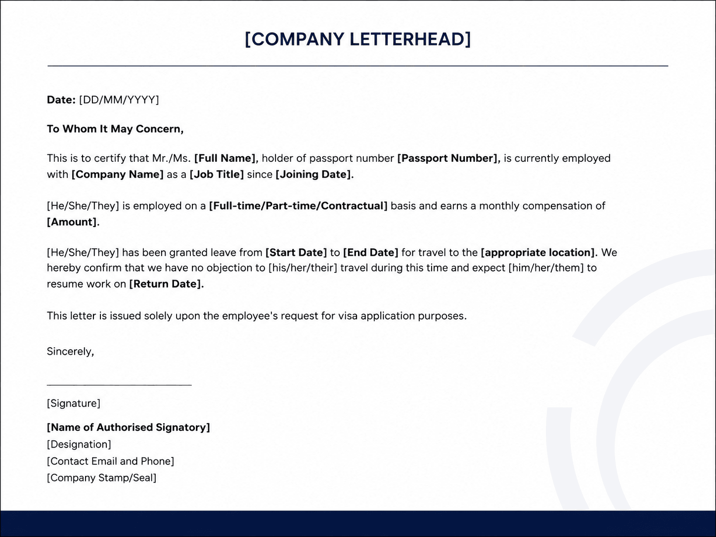 Sample Employment Letter for Visa Template